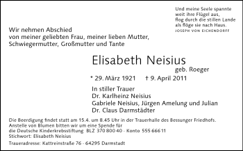 Traueranzeige von Elisabeth Neisius von Echo-Zeitungen (Gesamtausgabe)