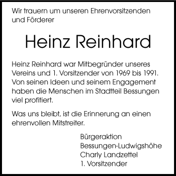 Traueranzeige von Heinz Reinhard von Echo-Zeitungen (Gesamtausgabe)