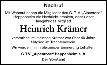 Traueranzeige von Heinrich Krämer von Starkenburger Echo