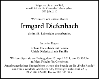 Traueranzeige von Irmgard Diefenbach von Darmstädter Echo, Odenwälder Echo, Rüsselsheimer Echo, Groß-Gerauer-Echo, Ried Echo