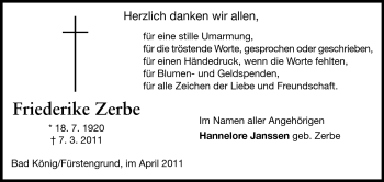 Traueranzeige von Friederike Zerbe von Odenwälder Echo