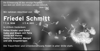 Traueranzeige von Friedel Schmitt von Odenwälder Echo