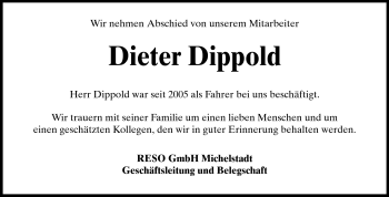Traueranzeige von Dieter Dippold von Odenwälder Echo