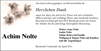 Traueranzeige von Achim Nolte von Rüsselsheimer Echo, Groß-Gerauer-Echo, Ried Echo