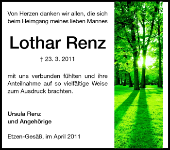 Traueranzeige von Lothar Renz von Odenwälder Echo