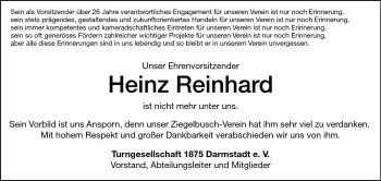 Traueranzeige von Heinz Reinhard von Echo-Zeitungen (Gesamtausgabe)