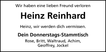 Traueranzeige von Heinz Reinhard von Darmstädter Echo, Odenwälder Echo, Rüsselsheimer Echo, Groß-Gerauer-Echo, Ried Echo