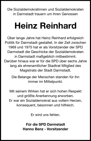 Traueranzeige von Heinz Reinhard von Echo-Zeitungen (Gesamtausgabe)