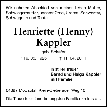 Traueranzeige von Henriette Kappler von Echo-Zeitungen (Gesamtausgabe)