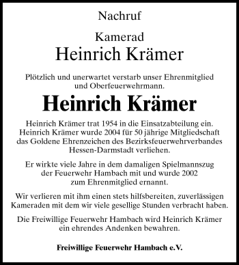 Traueranzeige von Heinrich Krämer von Starkenburger Echo