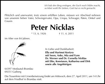 Traueranzeige von Peter Nicklas von Echo-Zeitungen (Gesamtausgabe)