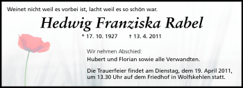 Traueranzeige von Hedwig Franziska Rabel von Rüsselsheimer Echo, Groß-Gerauer-Echo, Ried Echo
