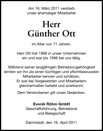 Traueranzeige von Günther Ott von Echo-Zeitungen (Gesamtausgabe)