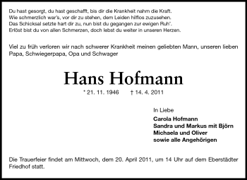 Traueranzeige von Hans Hofmann von Darmstädter Echo, Odenwälder Echo, Rüsselsheimer Echo, Groß-Gerauer-Echo, Ried Echo