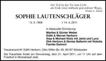 Traueranzeige von Sophie Lautenschläger von Odenwälder Echo