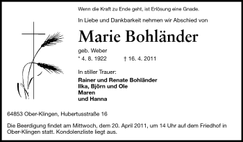 Traueranzeige von Marie Bohländer von Echo-Zeitungen (Gesamtausgabe)