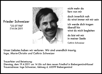 Traueranzeige von Frieder Schweizer von Echo-Zeitungen (Gesamtausgabe)