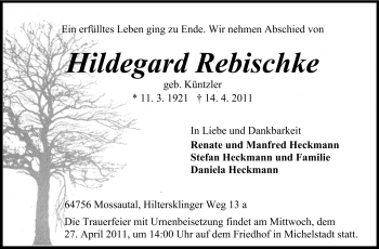 Traueranzeige von Hildegard Rebischke von Odenwälder Echo