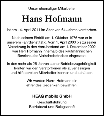 Traueranzeige von Hans Hofmann von Echo-Zeitungen (Gesamtausgabe)