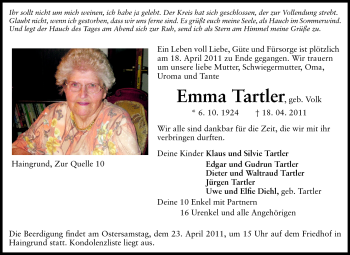 Traueranzeige von Emma Tartler von Odenwälder Echo