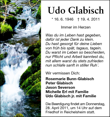 Traueranzeige von Udo Glabisch von Odenwälder Echo