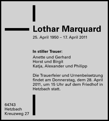 Traueranzeige von Lothar Marquard von Odenwälder Echo