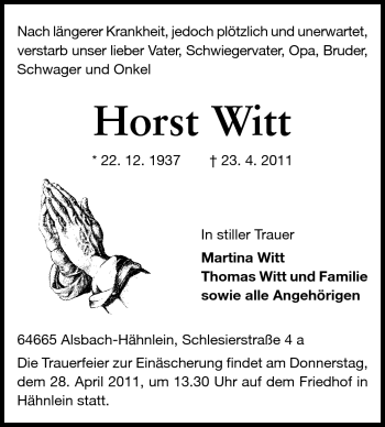 Traueranzeige von Horst Witt von Echo-Zeitungen (Gesamtausgabe)