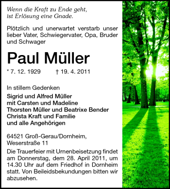 Traueranzeige von Paul Müller von Rüsselsheimer Echo, Groß-Gerauer-Echo, Ried Echo