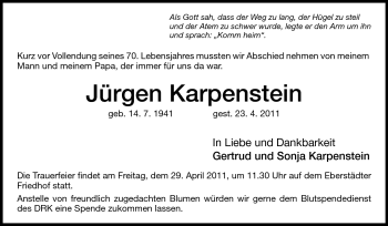 Traueranzeige von Jürgen Karpenstein von Echo-Zeitungen (Gesamtausgabe)