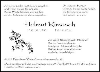 Traueranzeige von Helmut Rimasch von Rüsselsheimer Echo, Groß-Gerauer-Echo, Ried Echo