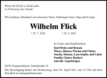 Traueranzeige von Wilhelm Flick von Odenwälder Echo