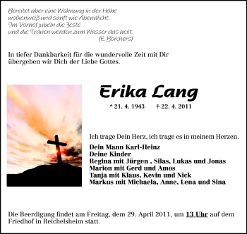 Traueranzeige von Erika Lang von Odenwälder Echo