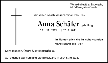 Traueranzeige von Anna Schäfer von Odenwälder Echo