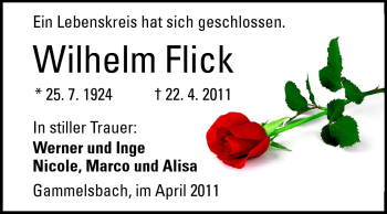 Traueranzeige von Wilhelm Flick von Odenwälder Echo