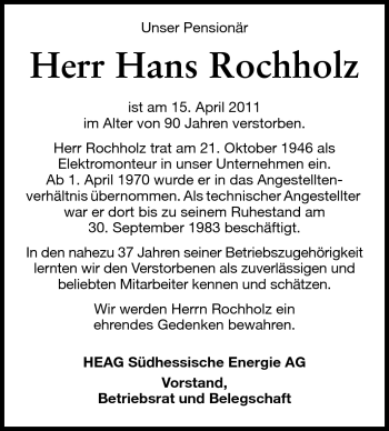 Traueranzeige von Hans Rochholz von Echo-Zeitungen (Gesamtausgabe)