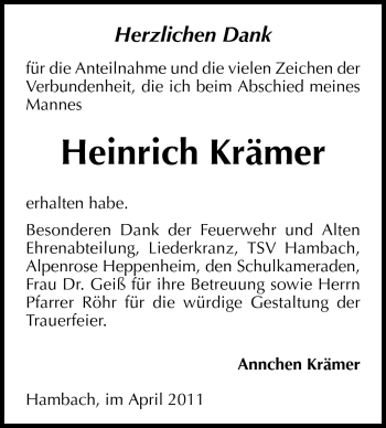Traueranzeige von Heinrich Krämer von Starkenburger Echo