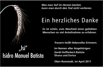 Traueranzeige von Isidor Batista von Darmstädter Echo, Odenwälder Echo, Rüsselsheimer Echo, Groß-Gerauer-Echo, Ried Echo