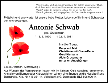 Traueranzeige von Antonie Schwab von Echo-Zeitungen (Gesamtausgabe)