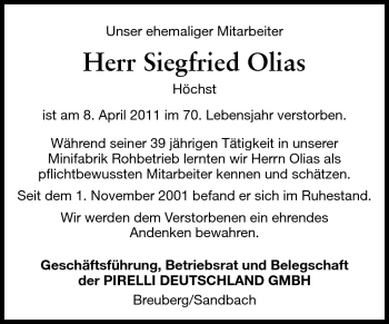 Traueranzeige von Siegfried Olias von Odenwälder Echo
