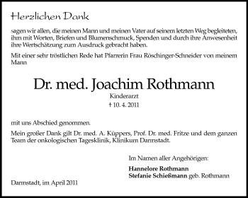Traueranzeige von Joachim Rothmann von Darmstädter Echo, Odenwälder Echo, Rüsselsheimer Echo, Groß-Gerauer-Echo, Ried Echo