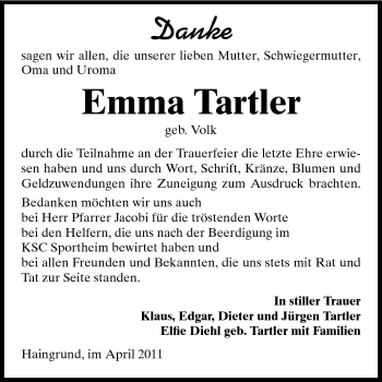 Traueranzeige von Emma Tartler von Odenwälder Echo