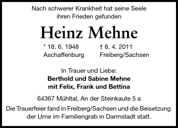 Traueranzeige von Heinz Mehne von Darmstädter Echo, Odenwälder Echo, Rüsselsheimer Echo, Groß-Gerauer-Echo, Ried Echo