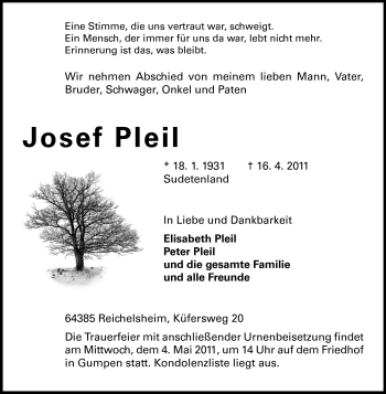 Traueranzeige von Josef Pleil von Odenwälder Echo