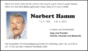 Traueranzeige von Norbert Hamm von Echo-Zeitungen (Gesamtausgabe)