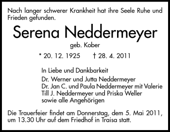 Traueranzeige von Serena Neddermeyer von Darmstädter Echo, Odenwälder Echo, Rüsselsheimer Echo, Groß-Gerauer-Echo, Ried Echo