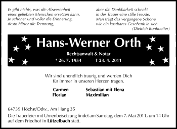 Traueranzeige von Hans-Werner Orth von Odenwälder Echo