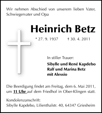 Traueranzeige von Heinrich Betz von Echo-Zeitungen (Gesamtausgabe)