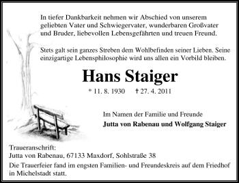 Traueranzeige von Hans Staiger von Odenwälder Echo