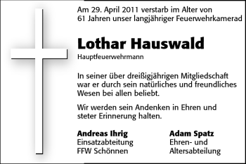 Traueranzeige von Lothar Hauswald von Odenwälder Echo