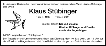 Traueranzeige von Klaus Stübinger von Echo-Zeitungen (Gesamtausgabe)